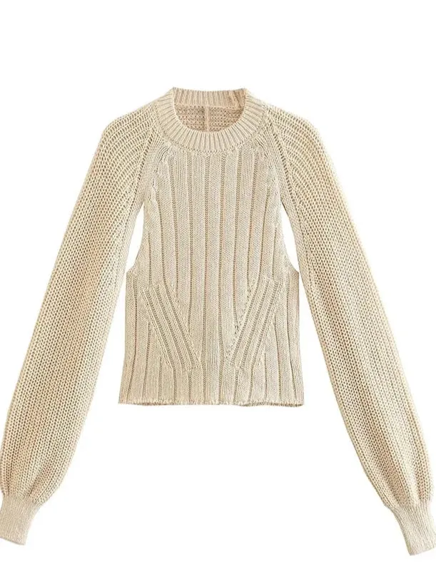 A&A Chic Beige Knitted Backless Bow Tie  Sweater