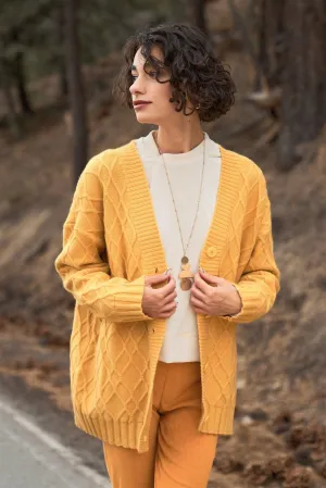 Amber Yellow Button-Down Front Edge-To-Edge Cable Knit Sweater Cardigan /OS