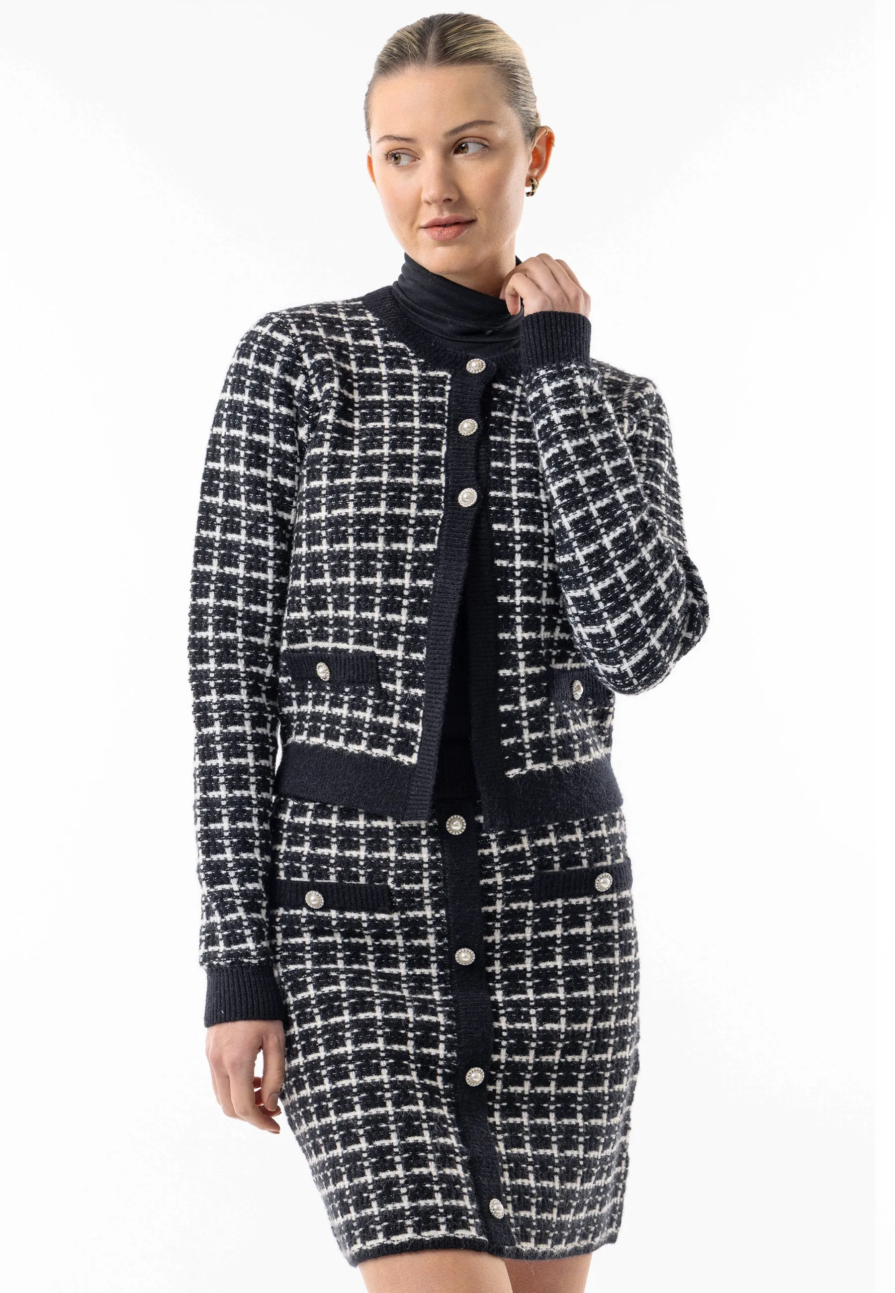 Angeleye Checkered Knit Cardigan And Skirt Co-ord Set