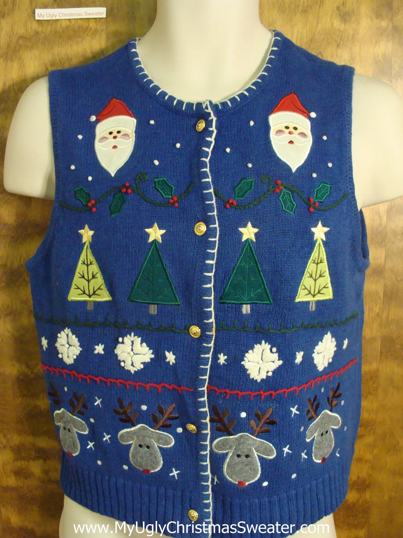 Blue Holiday Sweater Vest with Funny Reindee Heads