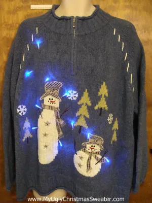 Blue Pullover with Snowmen Light Up Ugly Xmas Sweater