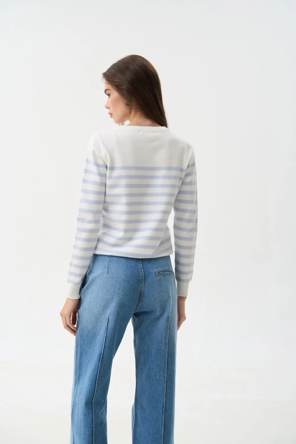 Blue Striped Knit Sweater with a Crew Neck