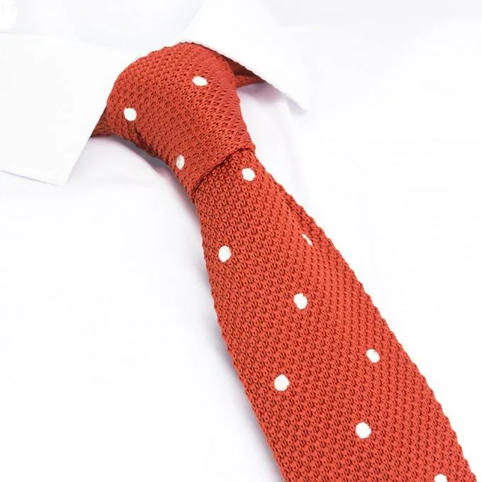 Burnt Orange Polka Dot Knitted Square Cut Tie