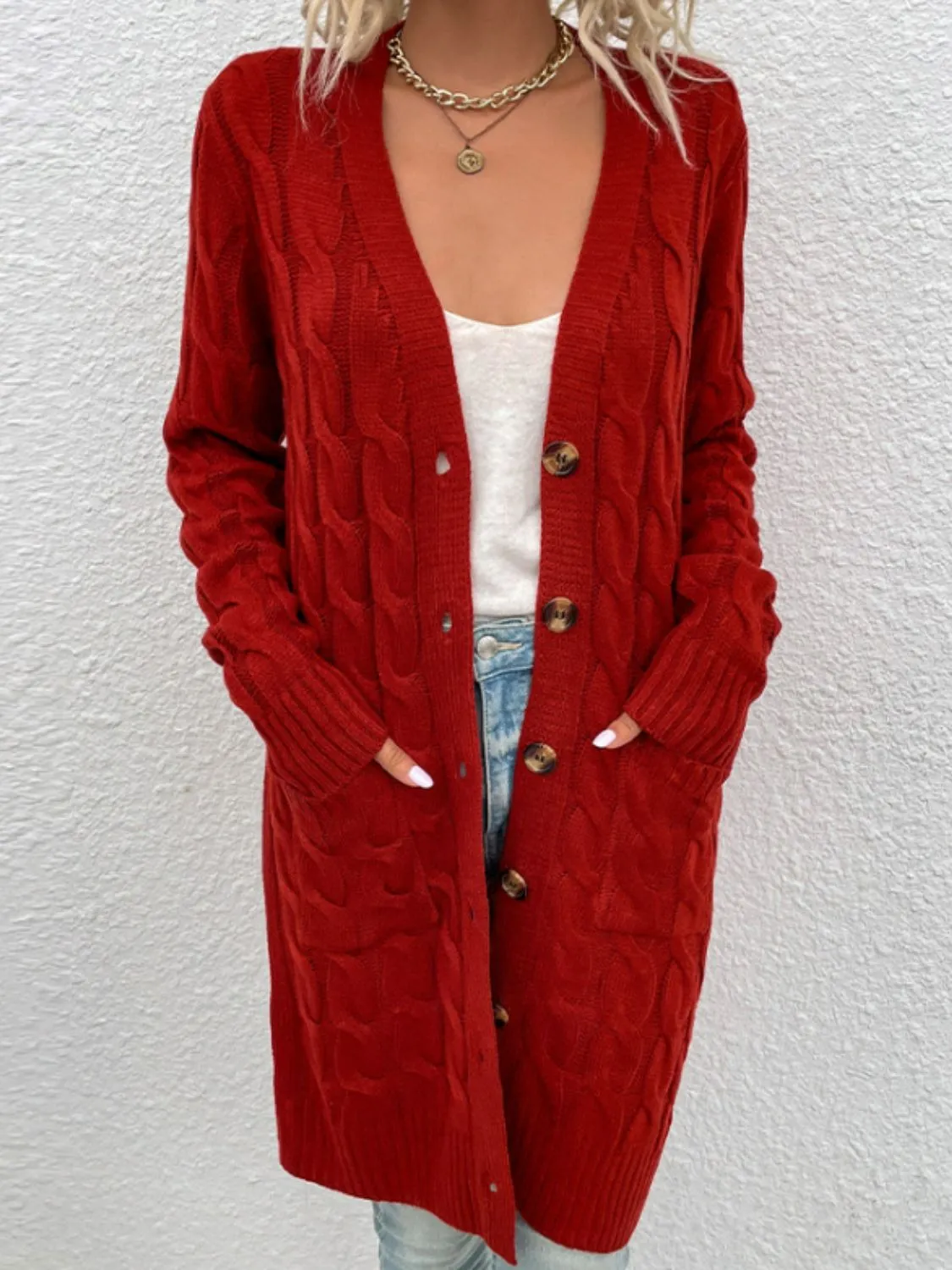 Cable Knit Button Down Cardigan with Pockets - 8 colors