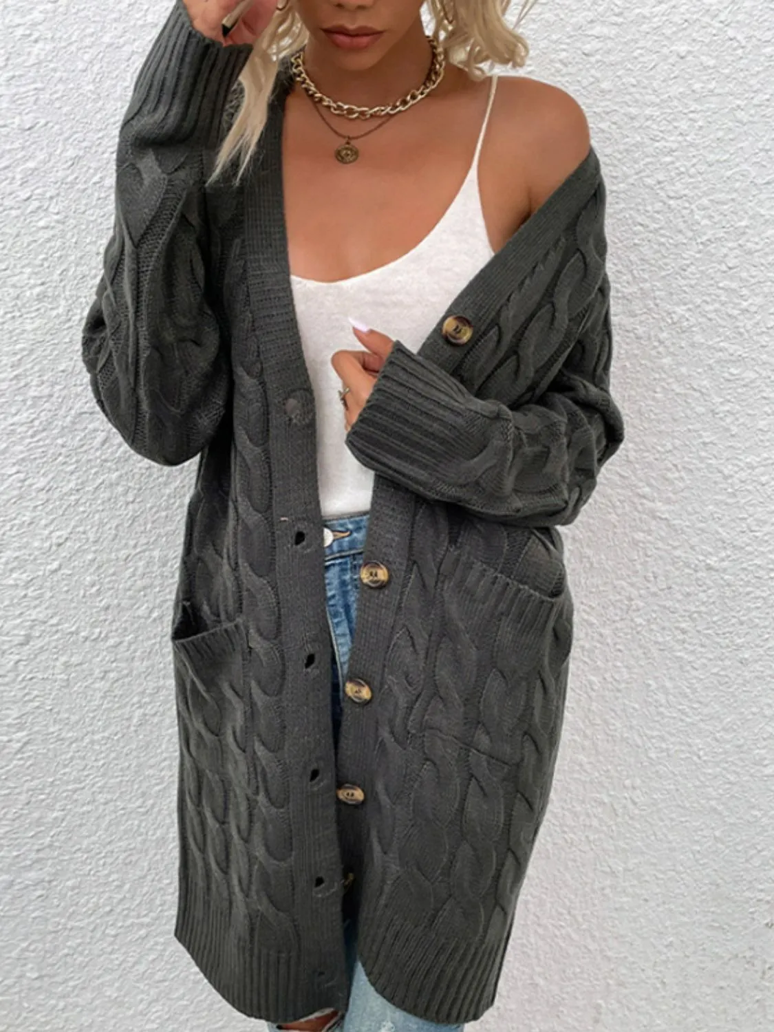 Cable Knit Button Down Cardigan with Pockets - 8 colors