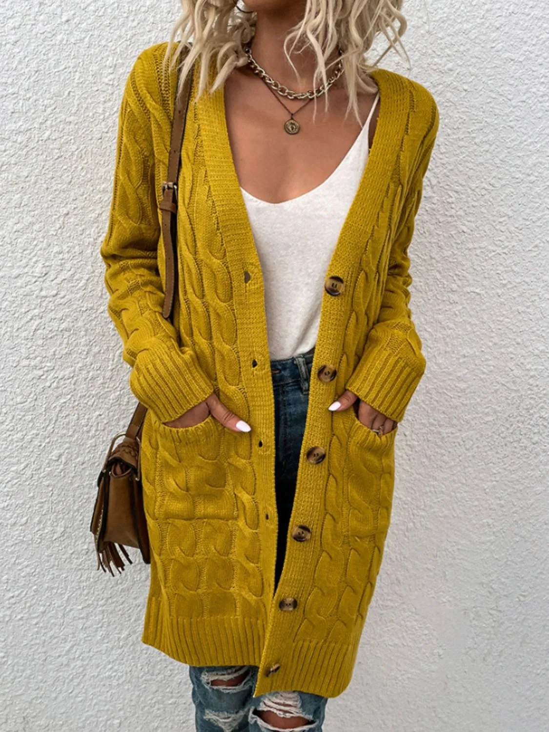 Cable Knit Button Down Cardigan with Pockets - 8 colors