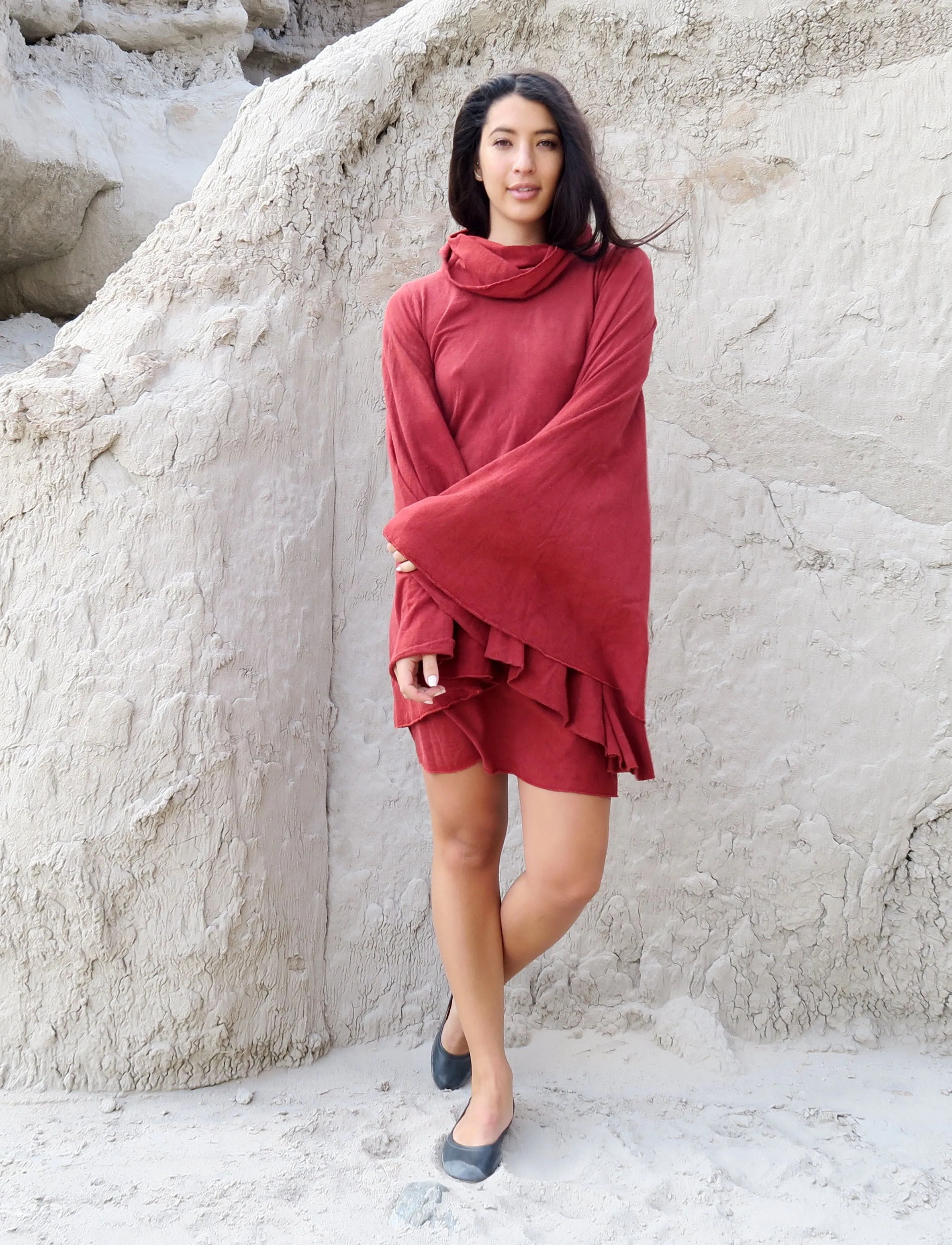 Chunky Cowl Priestess Sleeve Simplicity Short Dress