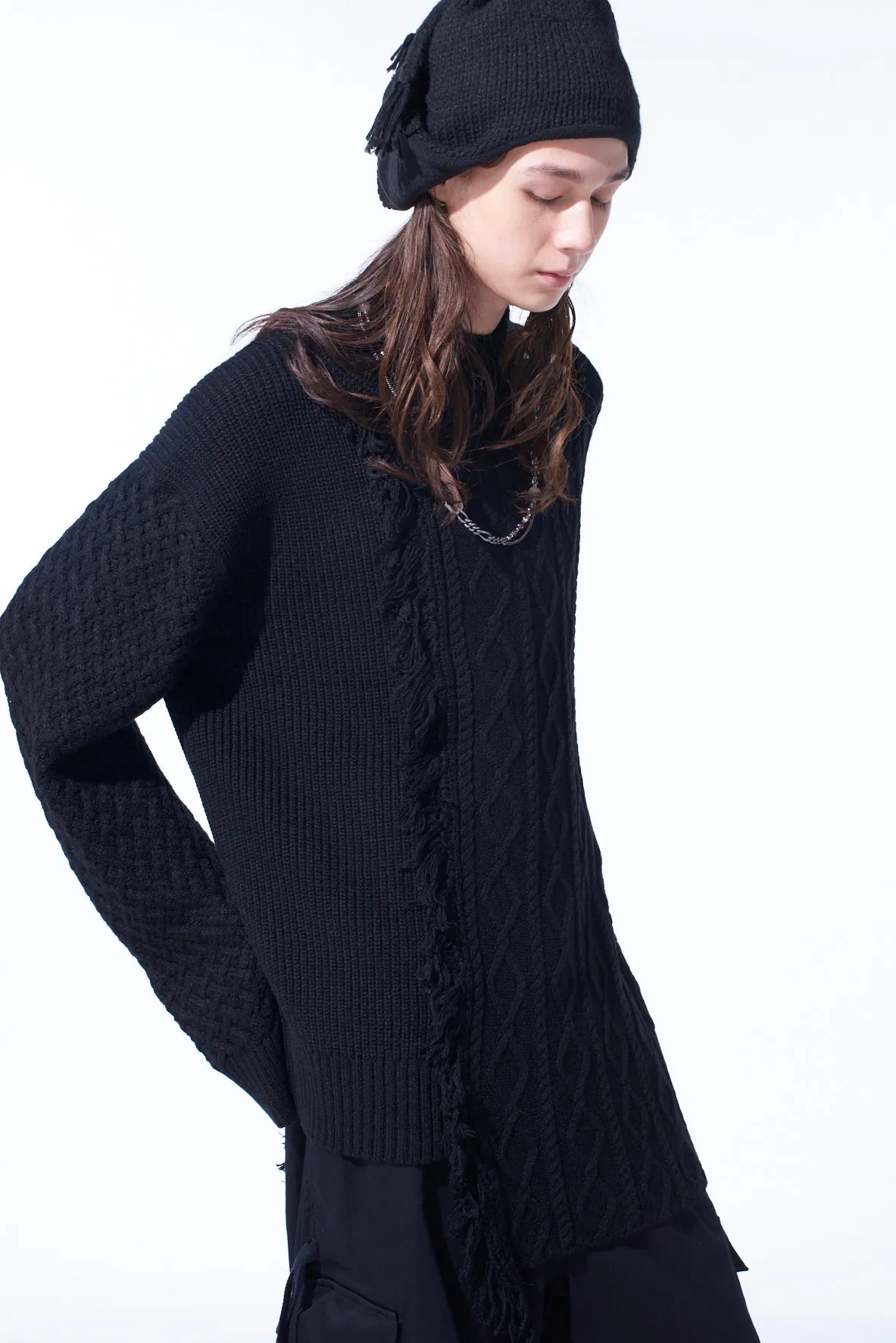 CORPILON BULKY WOOL ASYMMETRICAL FRINGE MOCK NECK KNIT