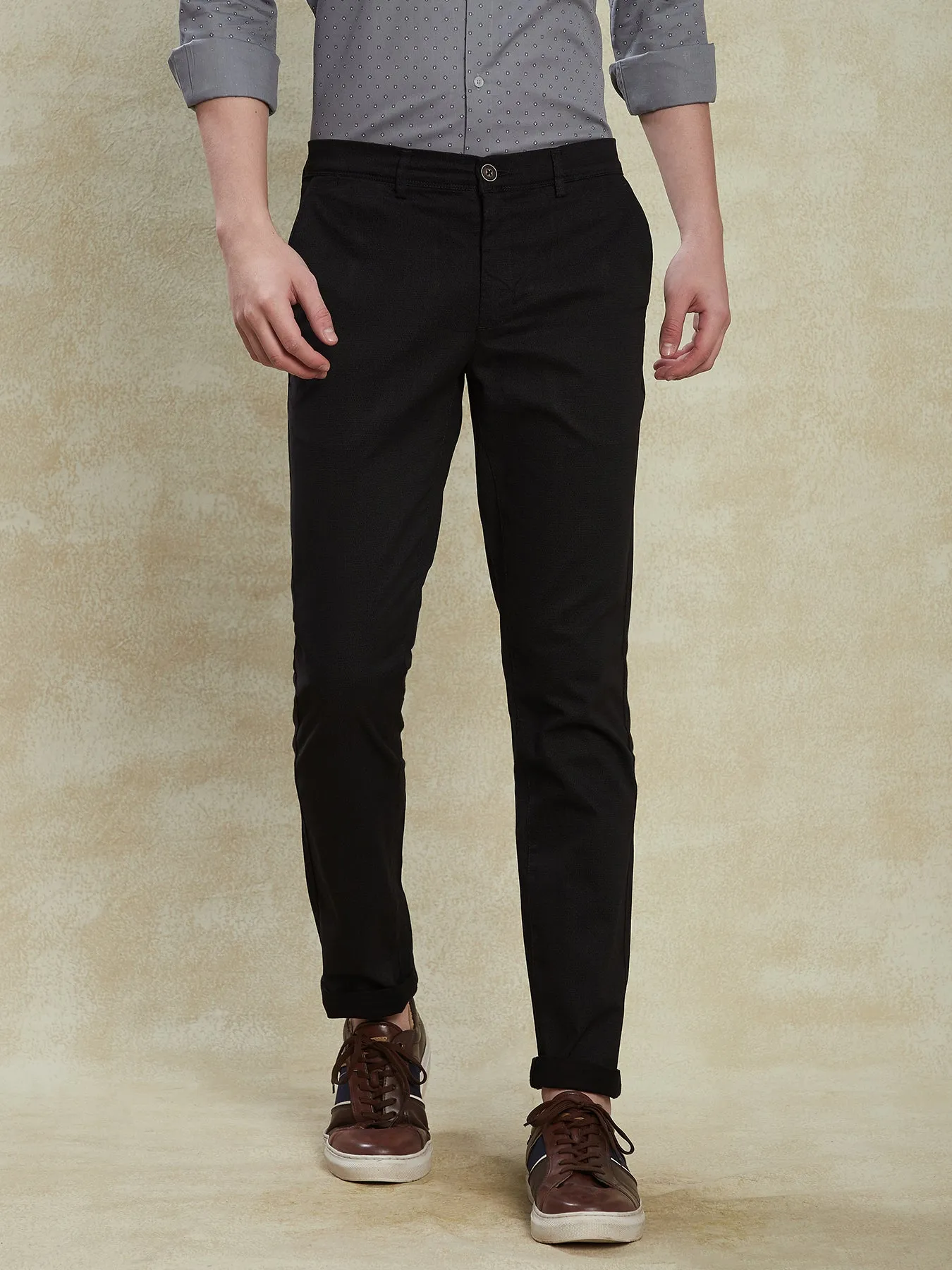 Cotton Stretch Black Printed Narrow Fit Flat Front Casual Trouser