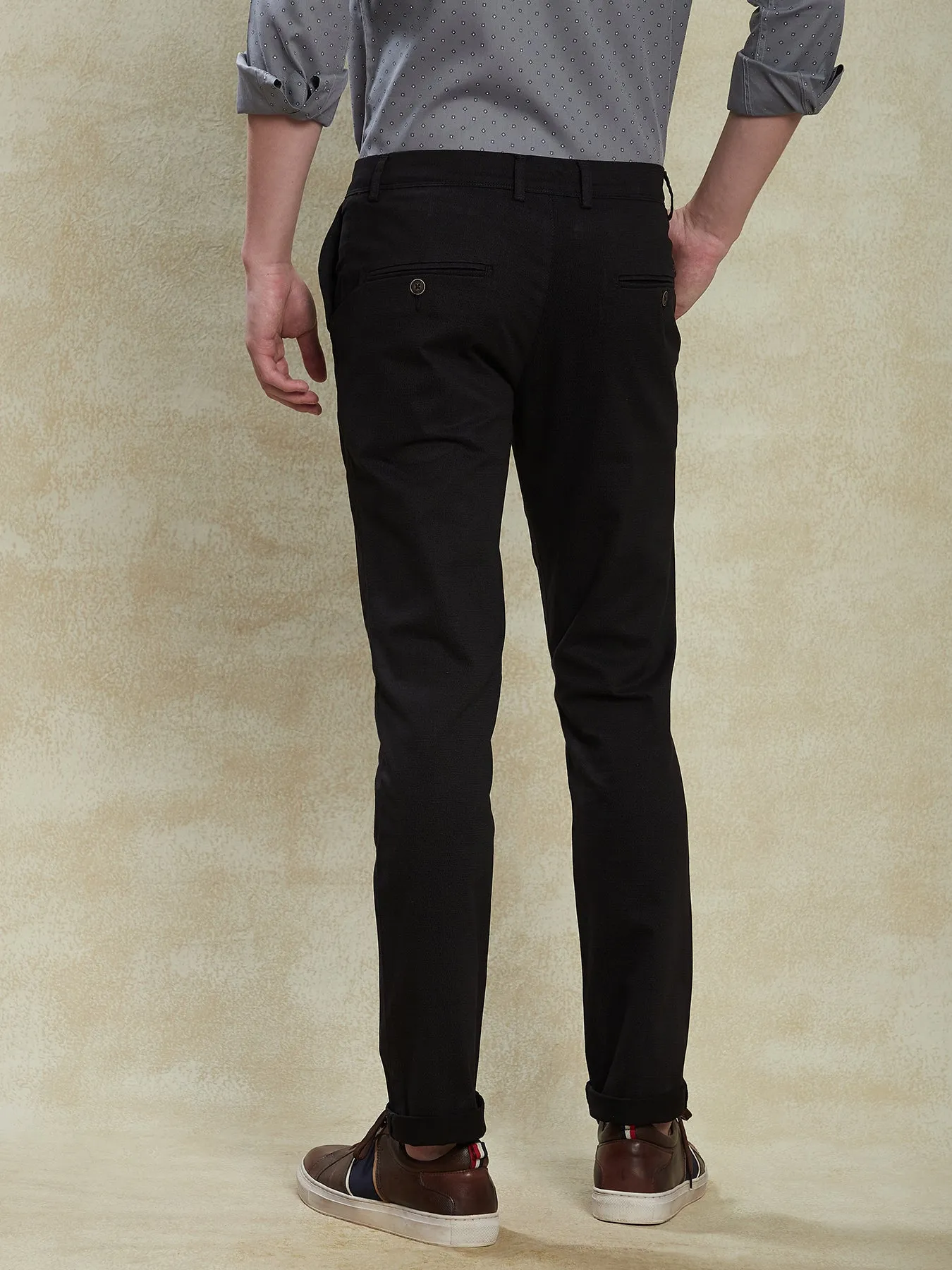 Cotton Stretch Black Printed Narrow Fit Flat Front Casual Trouser