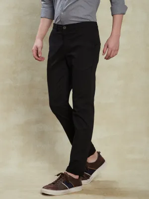 Cotton Stretch Black Printed Narrow Fit Flat Front Casual Trouser