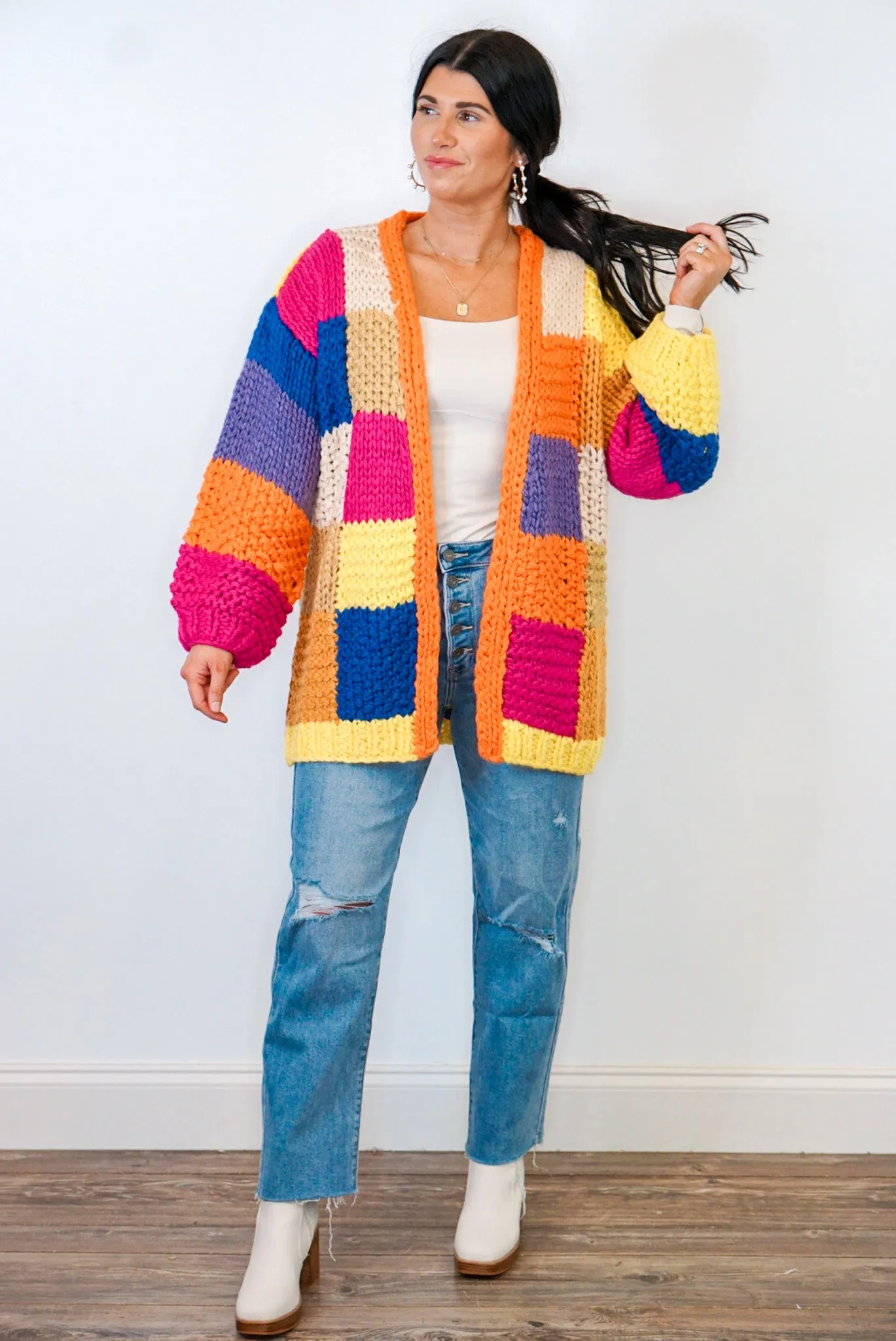 Crocheted Colorblock Chunky Knit Cardigan