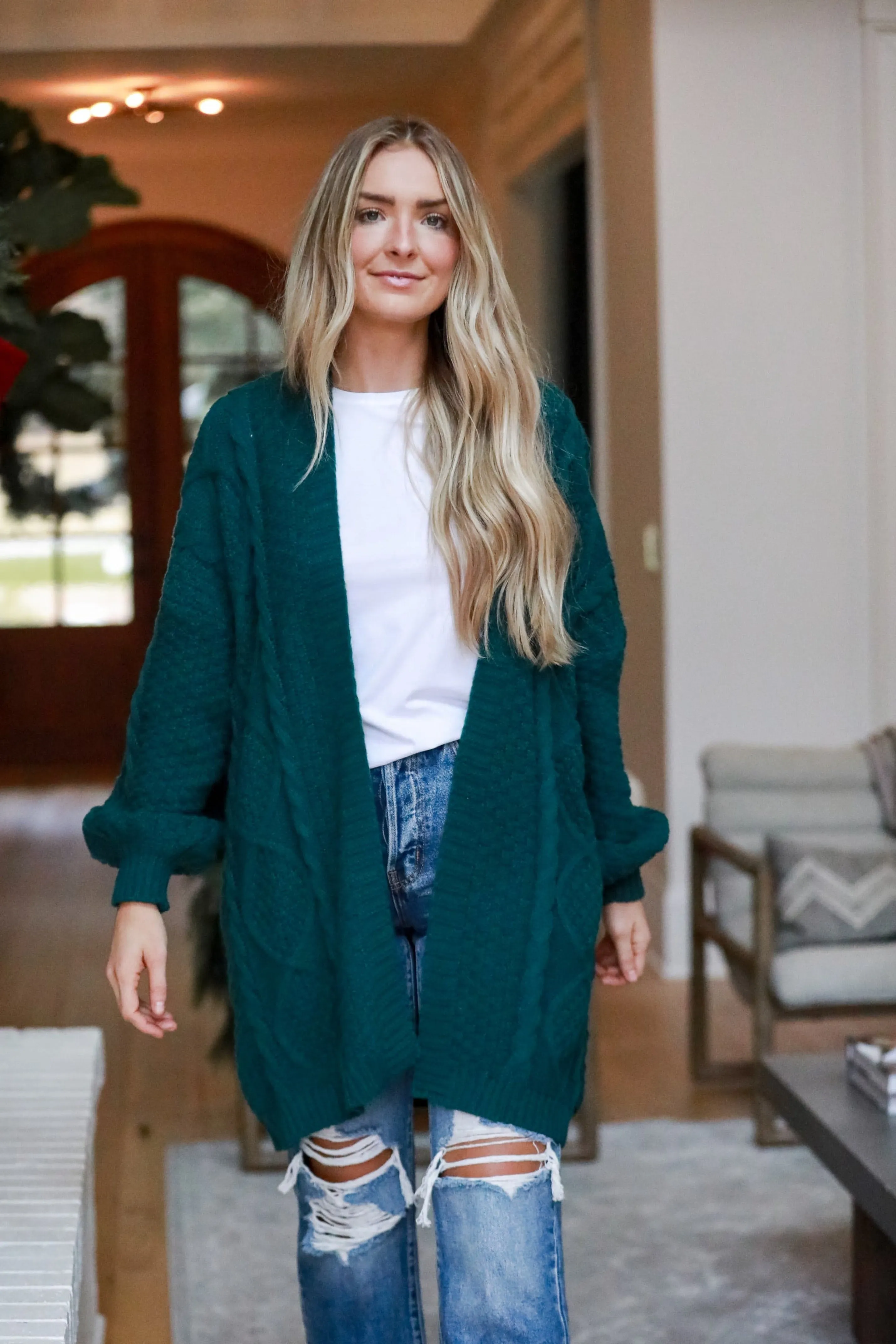 FINAL SALE - Snuggly Touch Hunter Green Cable Knit Cardigan - DOORBUSTER