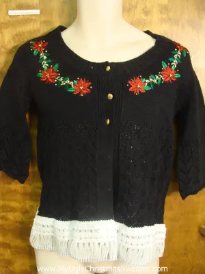 Fringe and Poinsettias Ugly Xmas Sweater with Short Sleeves