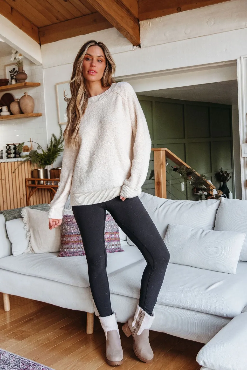 Fuzzy Cream Ribbed Pullover Sweater