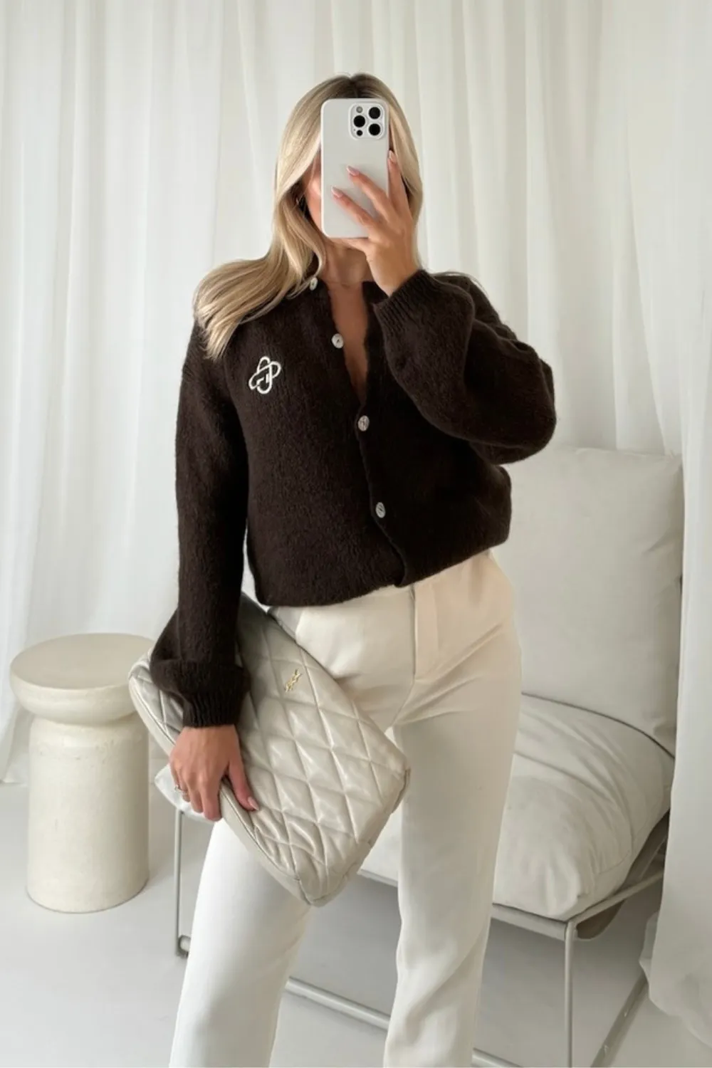 G monogram chocolate embroidered knit button up cardigan