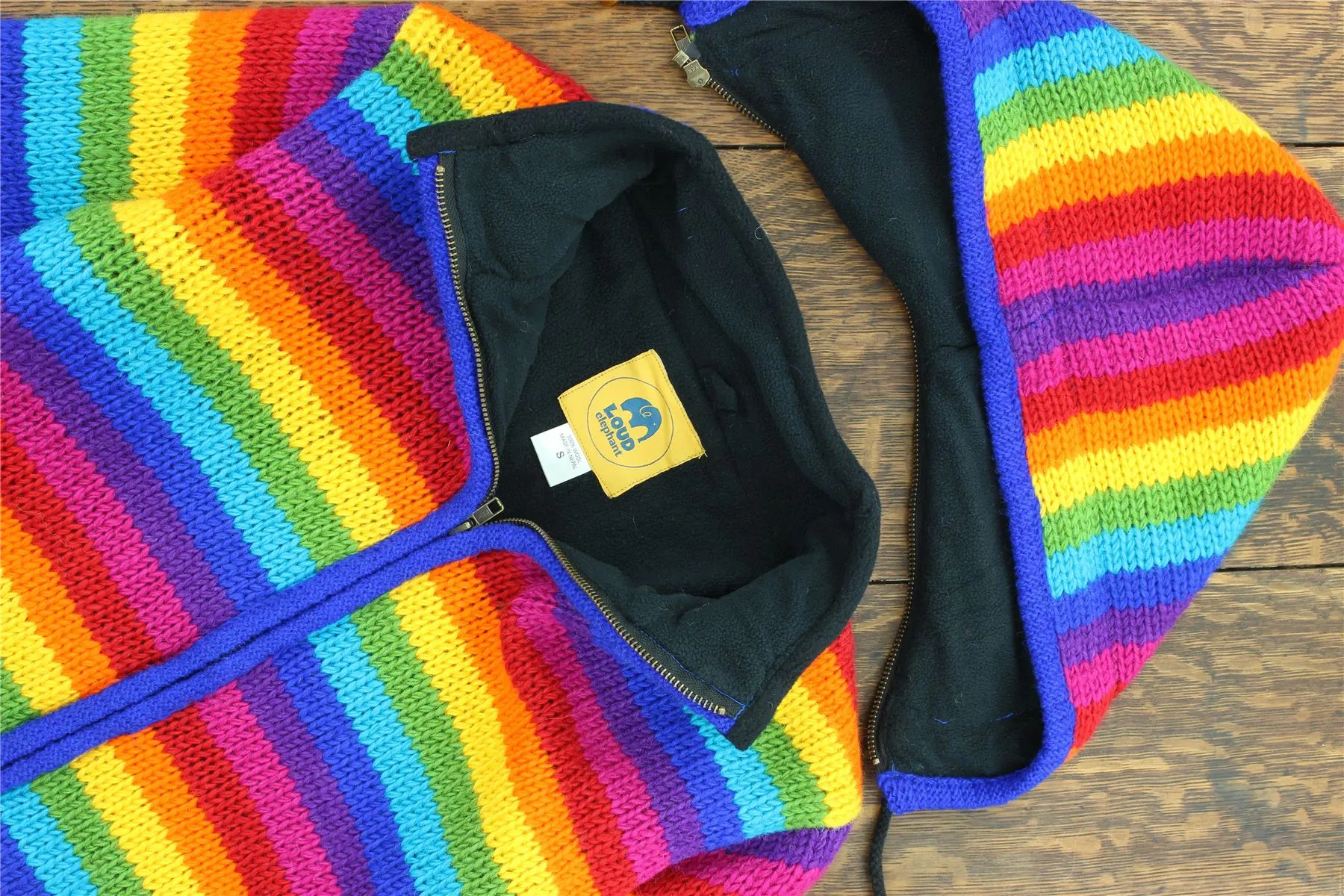 Hand Knitted Wool Hooded Jacket Cardigan Ladies Cut - Stripe Bright Rainbow