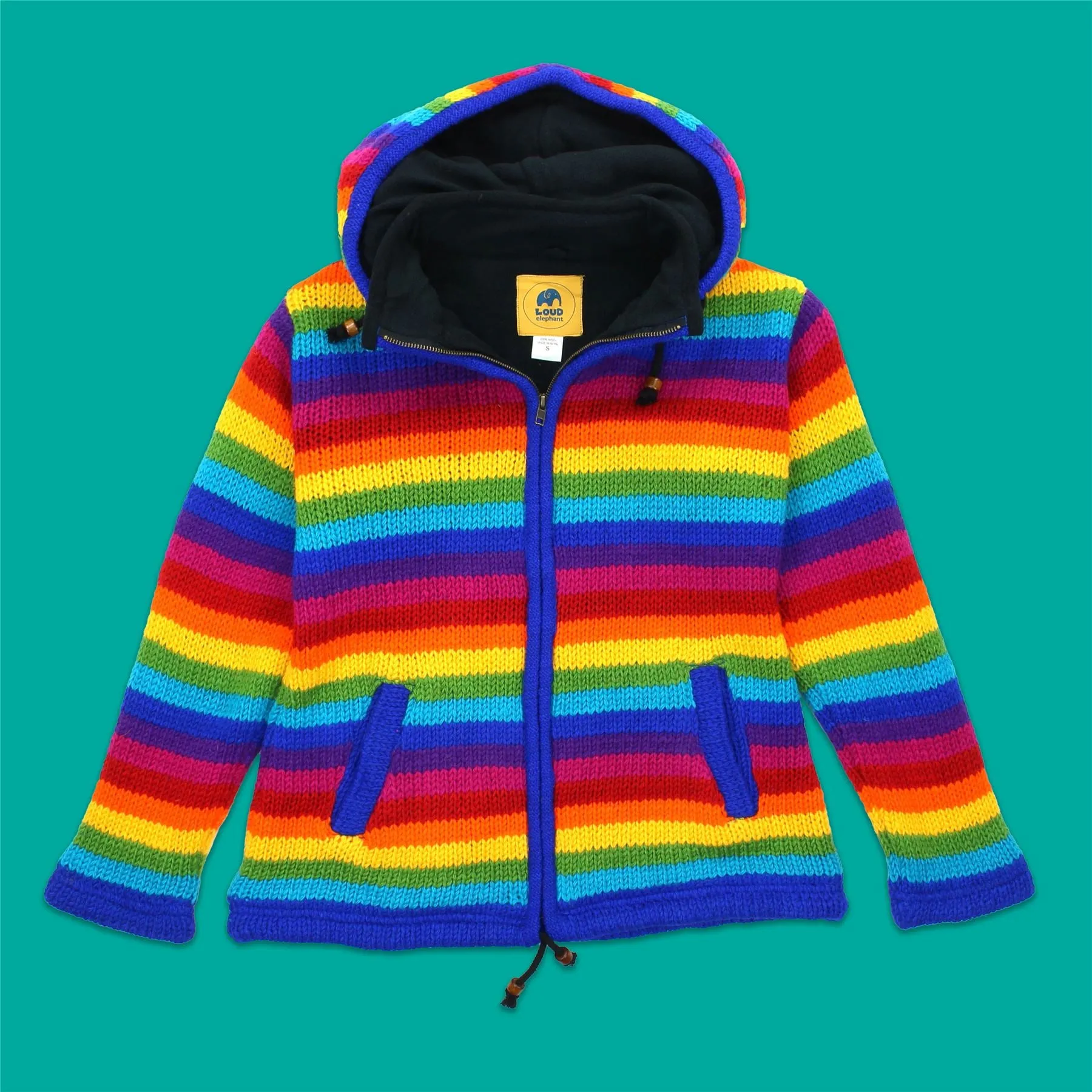 Hand Knitted Wool Hooded Jacket Cardigan Ladies Cut - Stripe Bright Rainbow