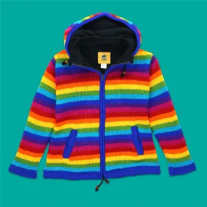 Hand Knitted Wool Hooded Jacket Cardigan Ladies Cut - Stripe Bright Rainbow