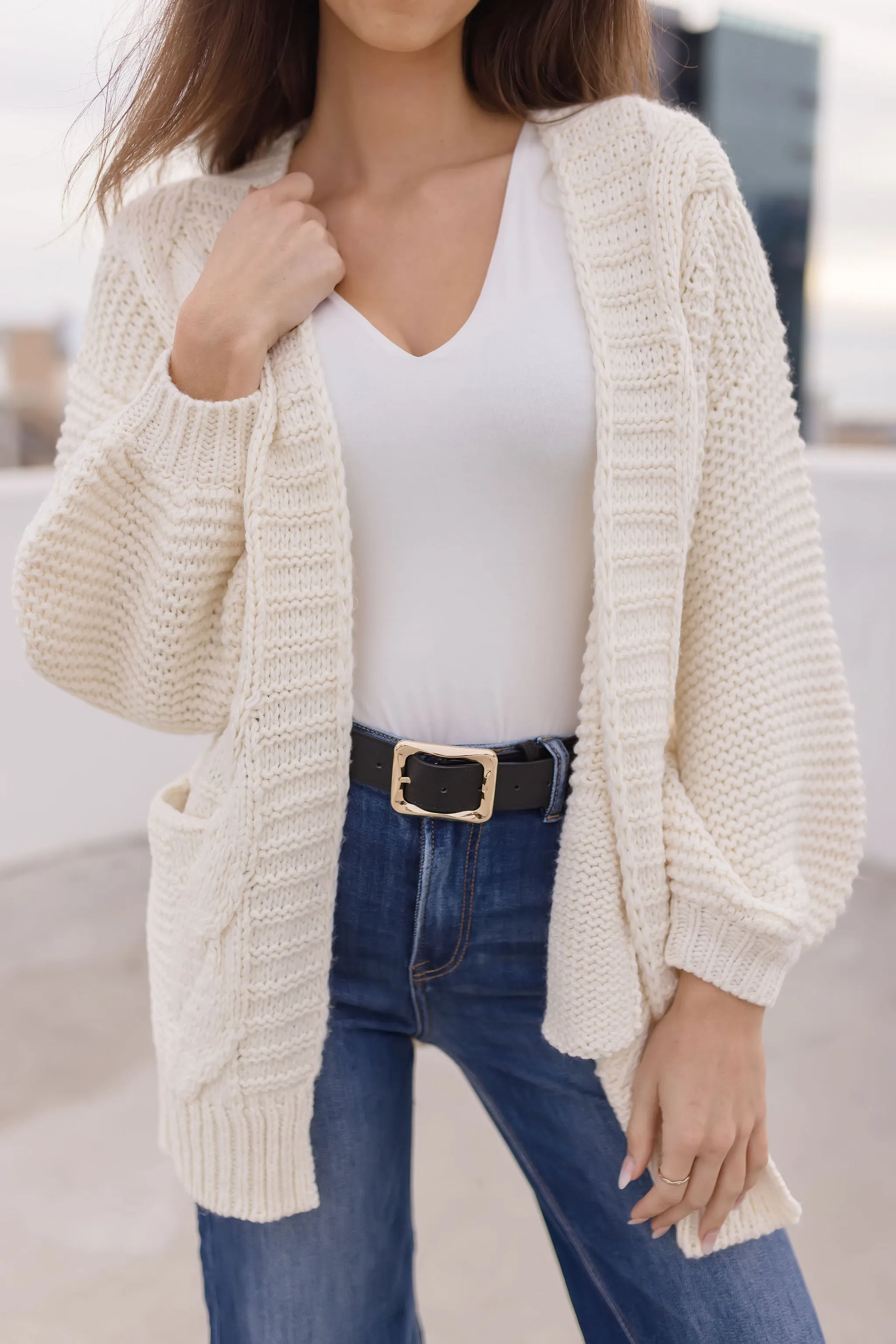 Holland Long Sleeve Chunky Cable Knit Open Cardigan Cream