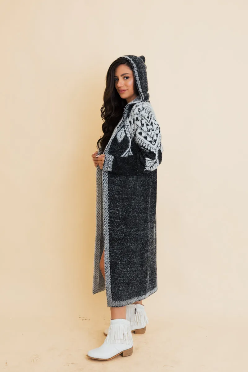 Hooded Fair Isle Knit Cardigan