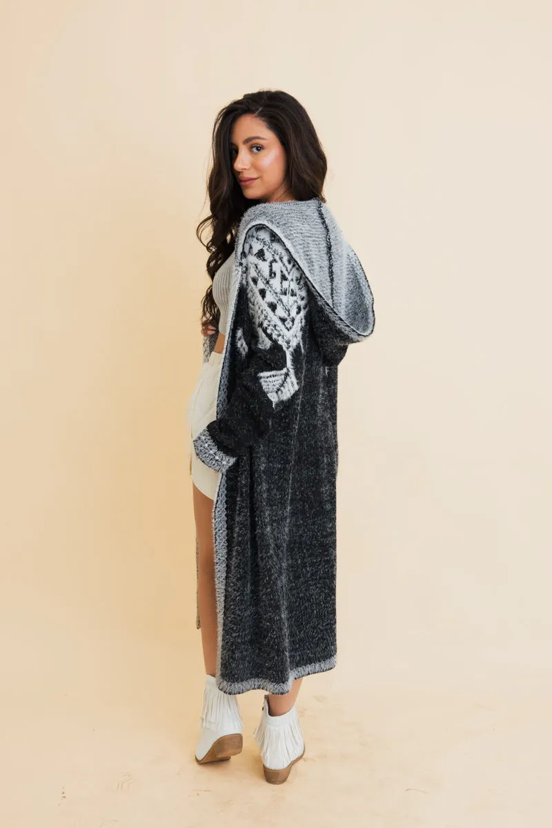 Hooded Fair Isle Knit Cardigan