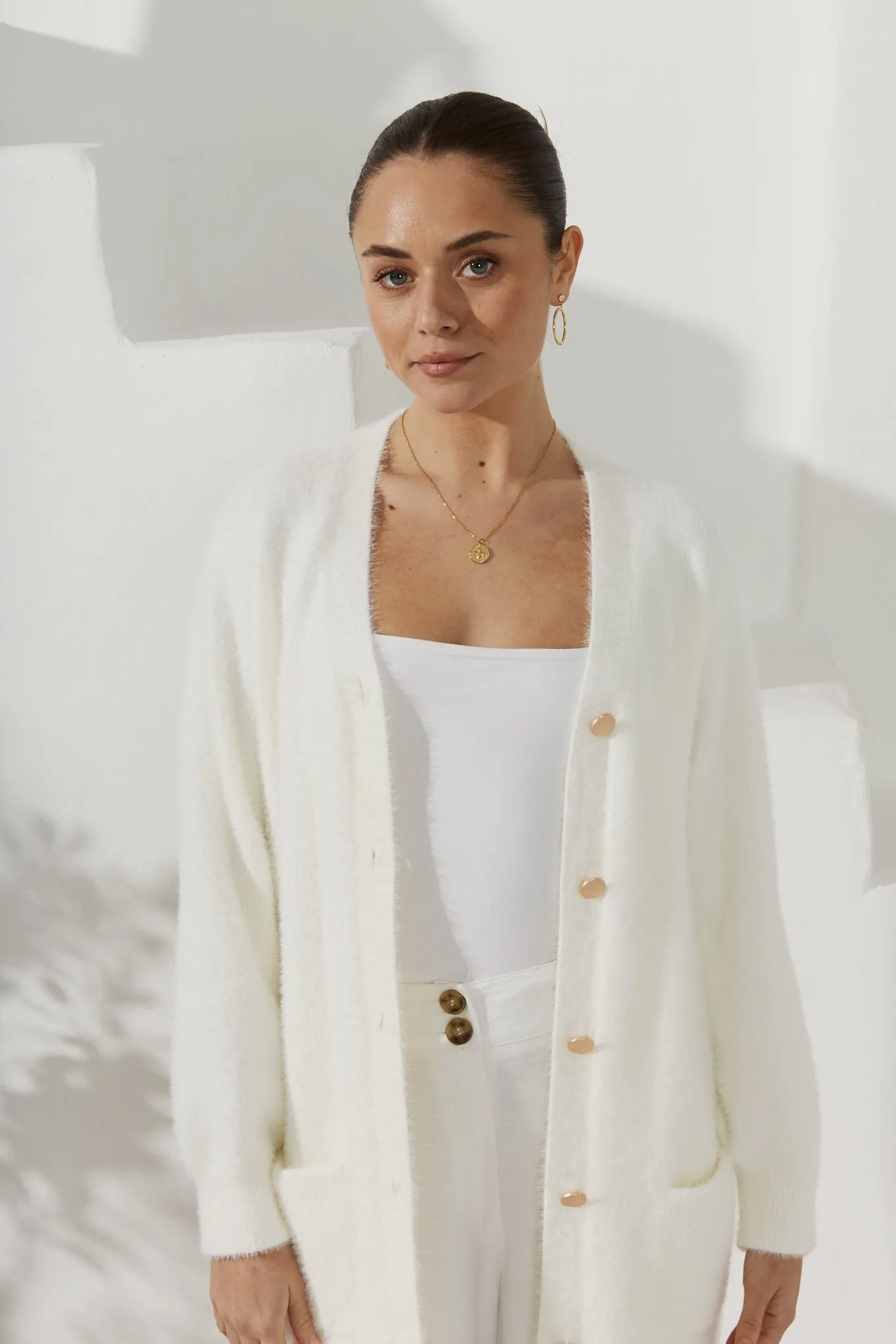 Imogen Off White Longline Fluffy Knit Cardigan