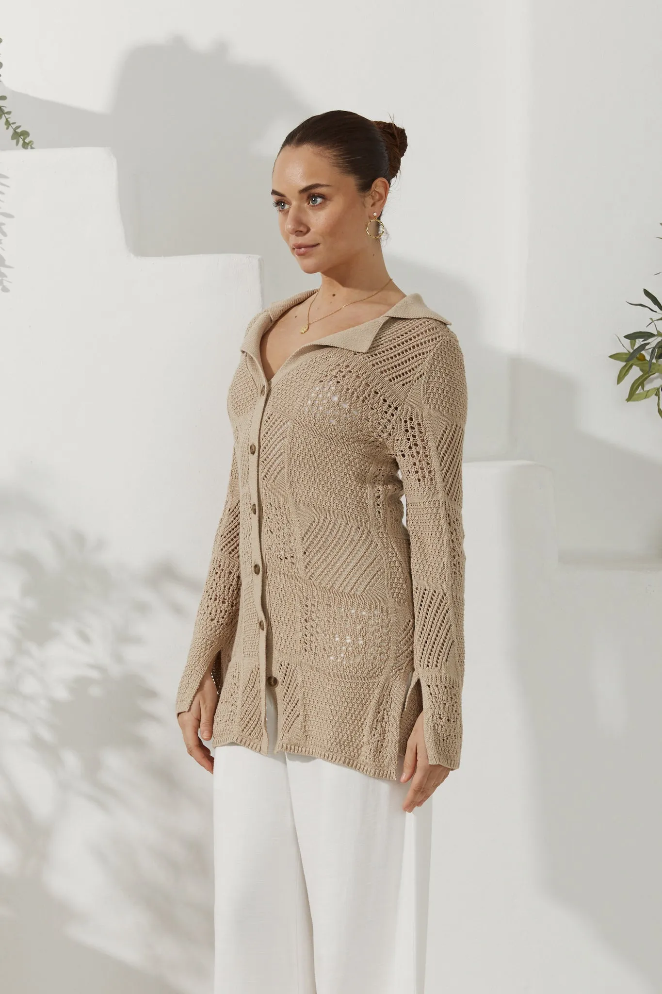 Kaori Beige Crochet Knit Cardigan