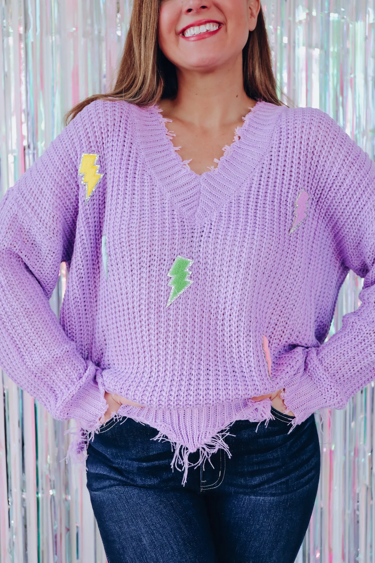 Lightning Bolt Patch Frayed V-Neck Sweater - Lavender