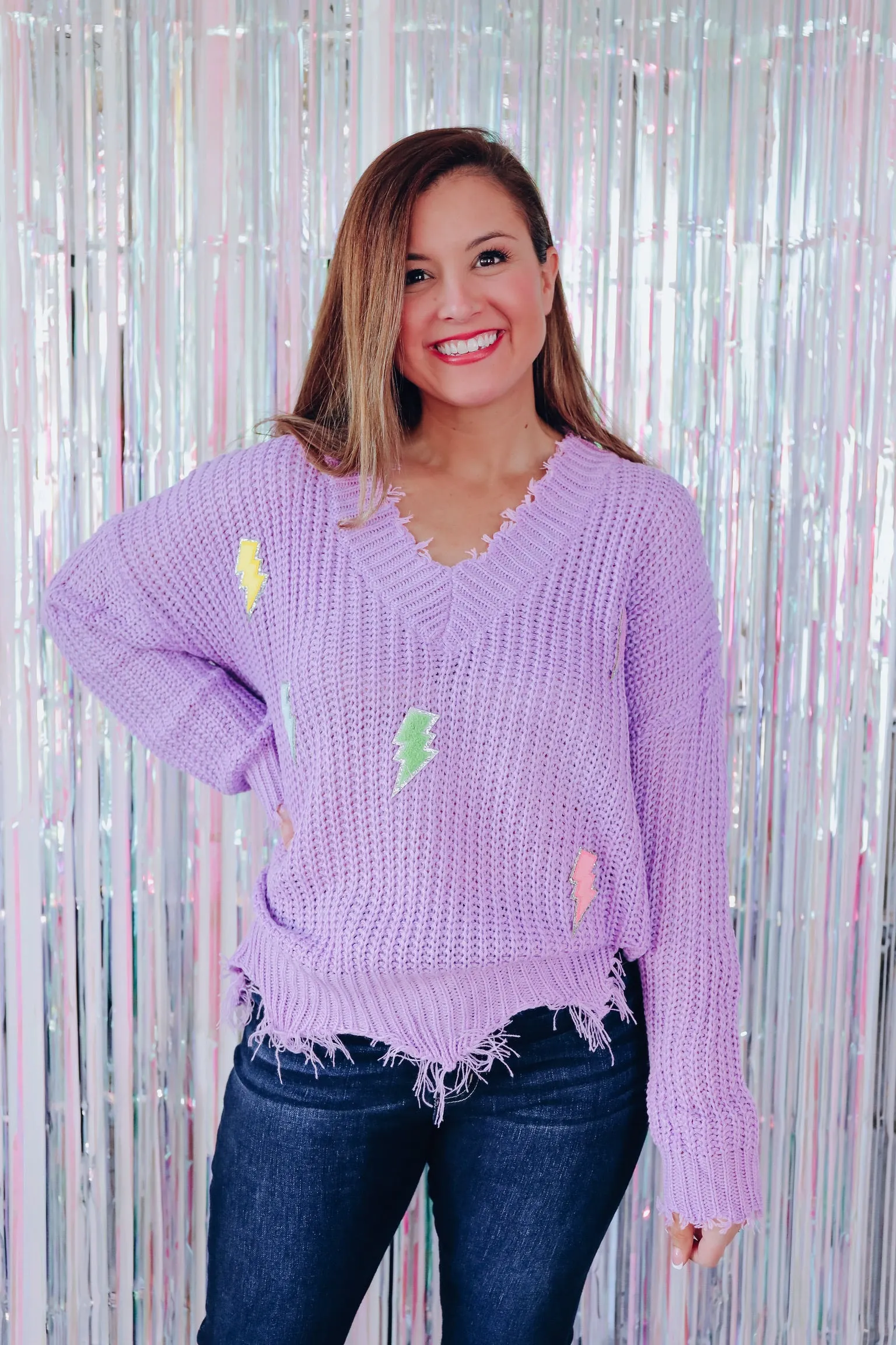 Lightning Bolt Patch Frayed V-Neck Sweater - Lavender