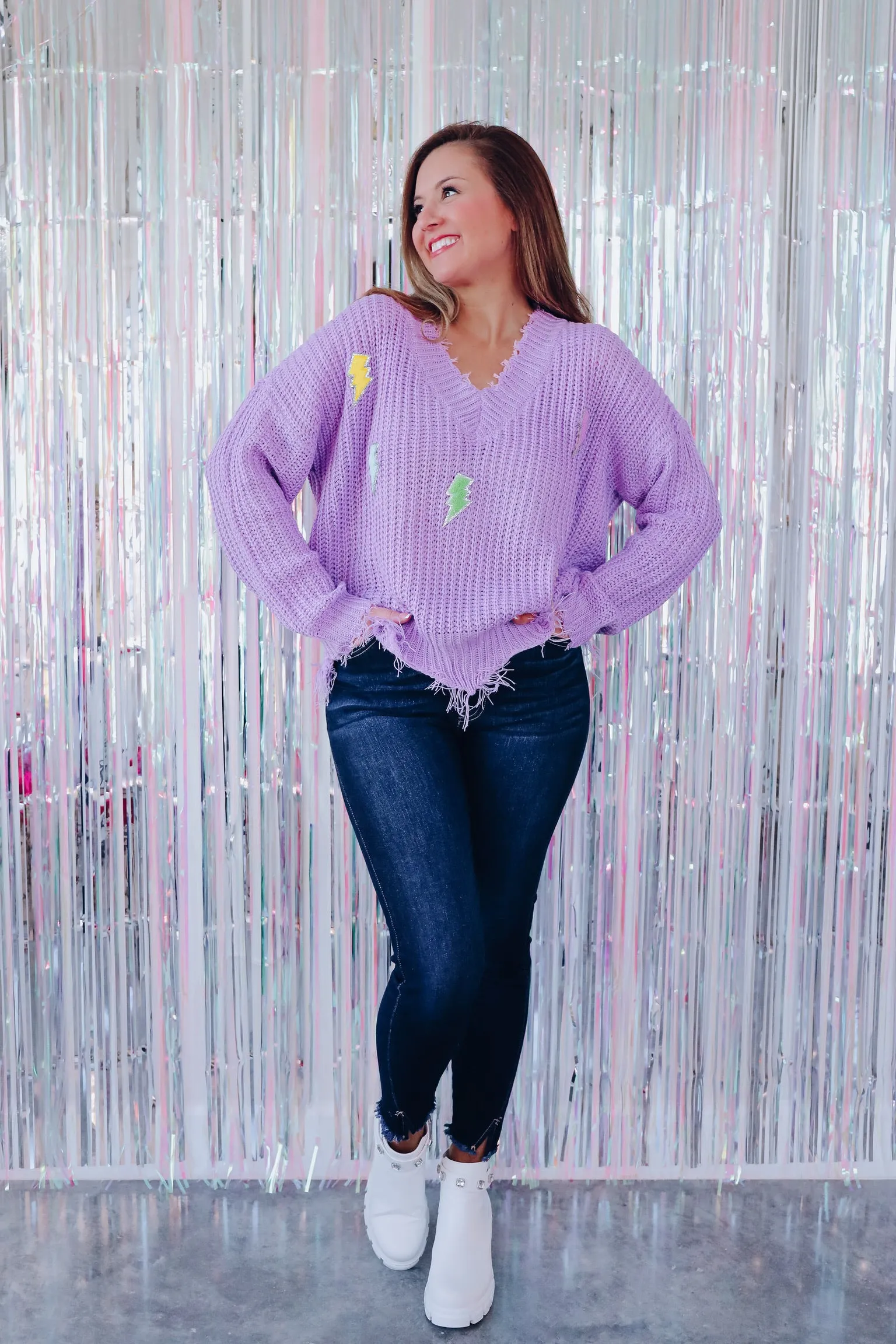 Lightning Bolt Patch Frayed V-Neck Sweater - Lavender