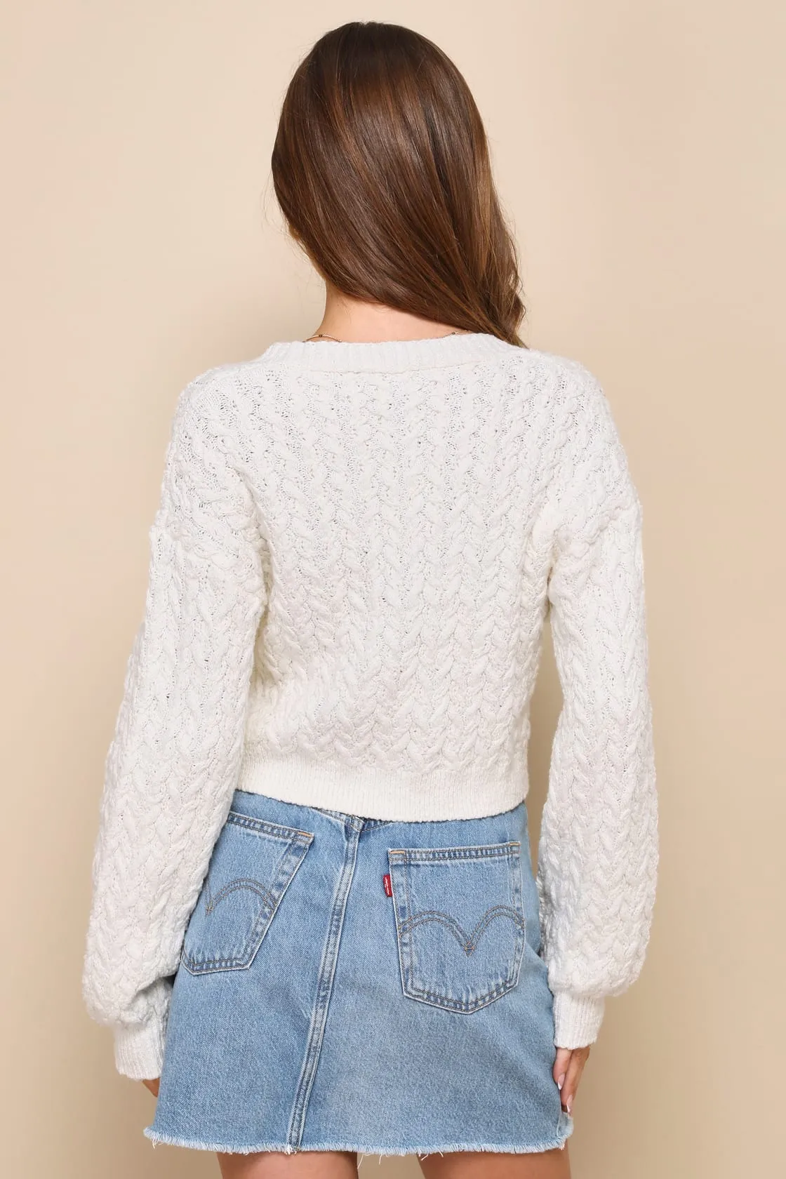 Marsha Cable Knit Cropped Cardigan Sweater - Ivory