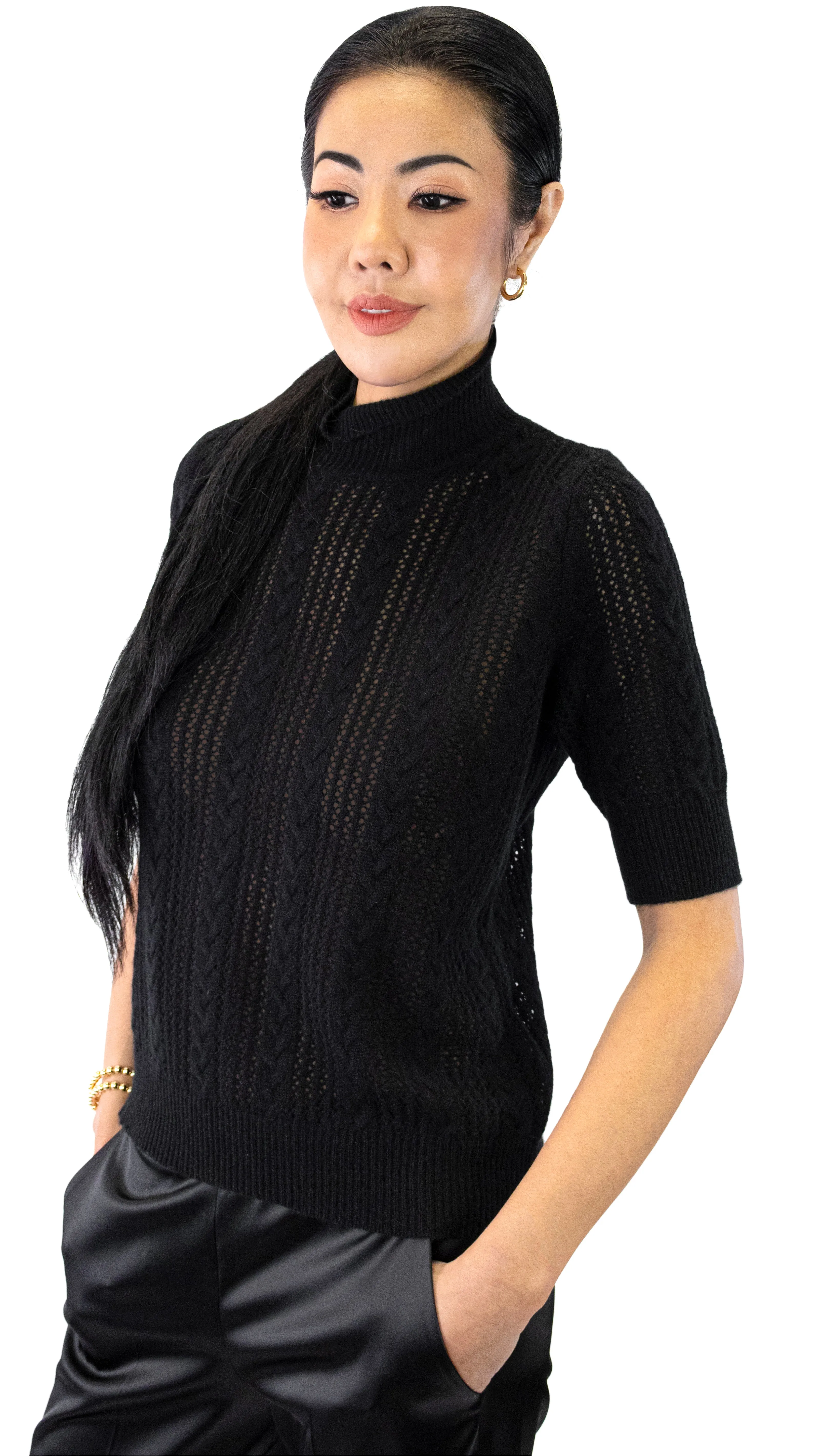 Open Weave Mock Turtleneck - Black