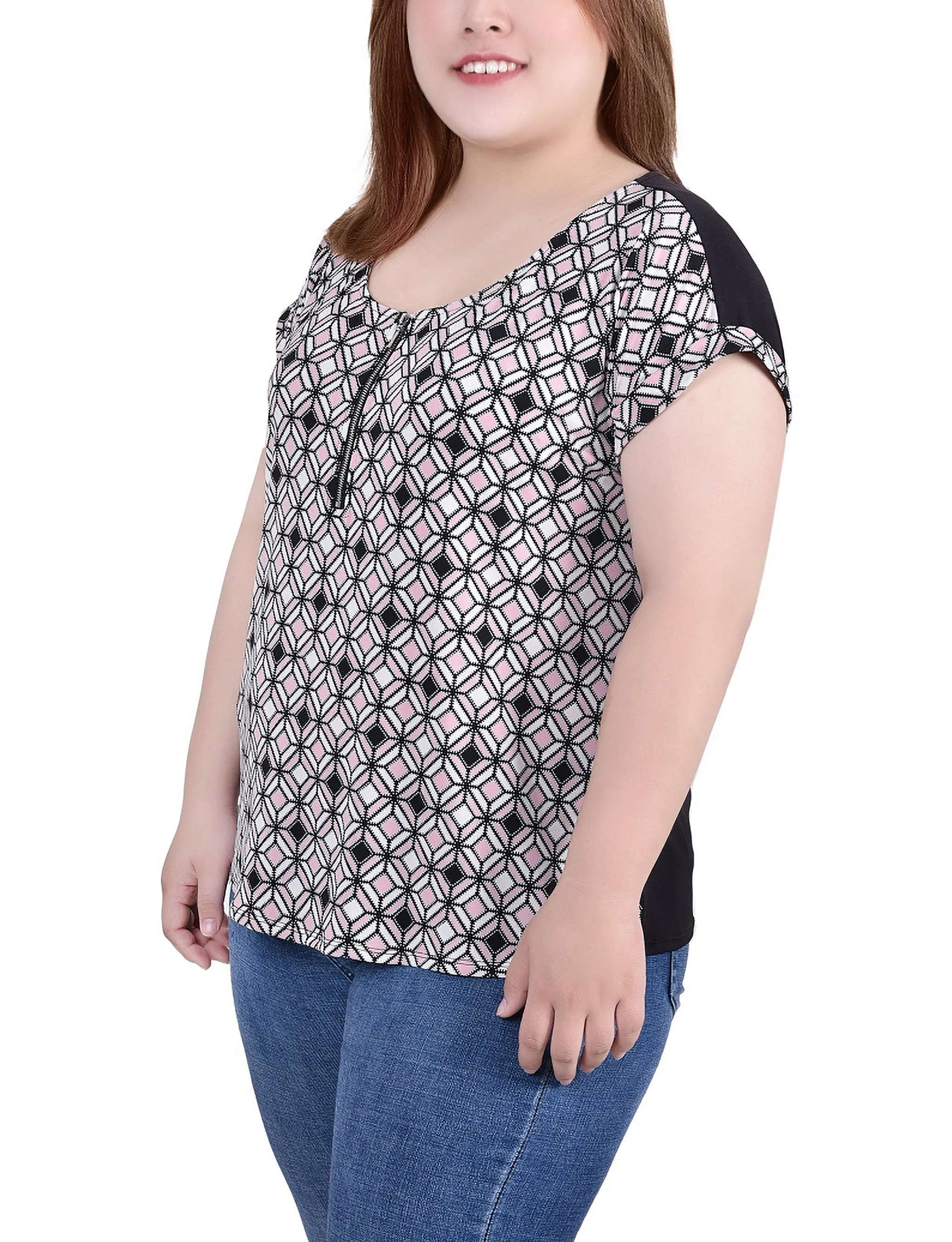 Plus Size Short Sleeve 1/2 Zip Knit Top