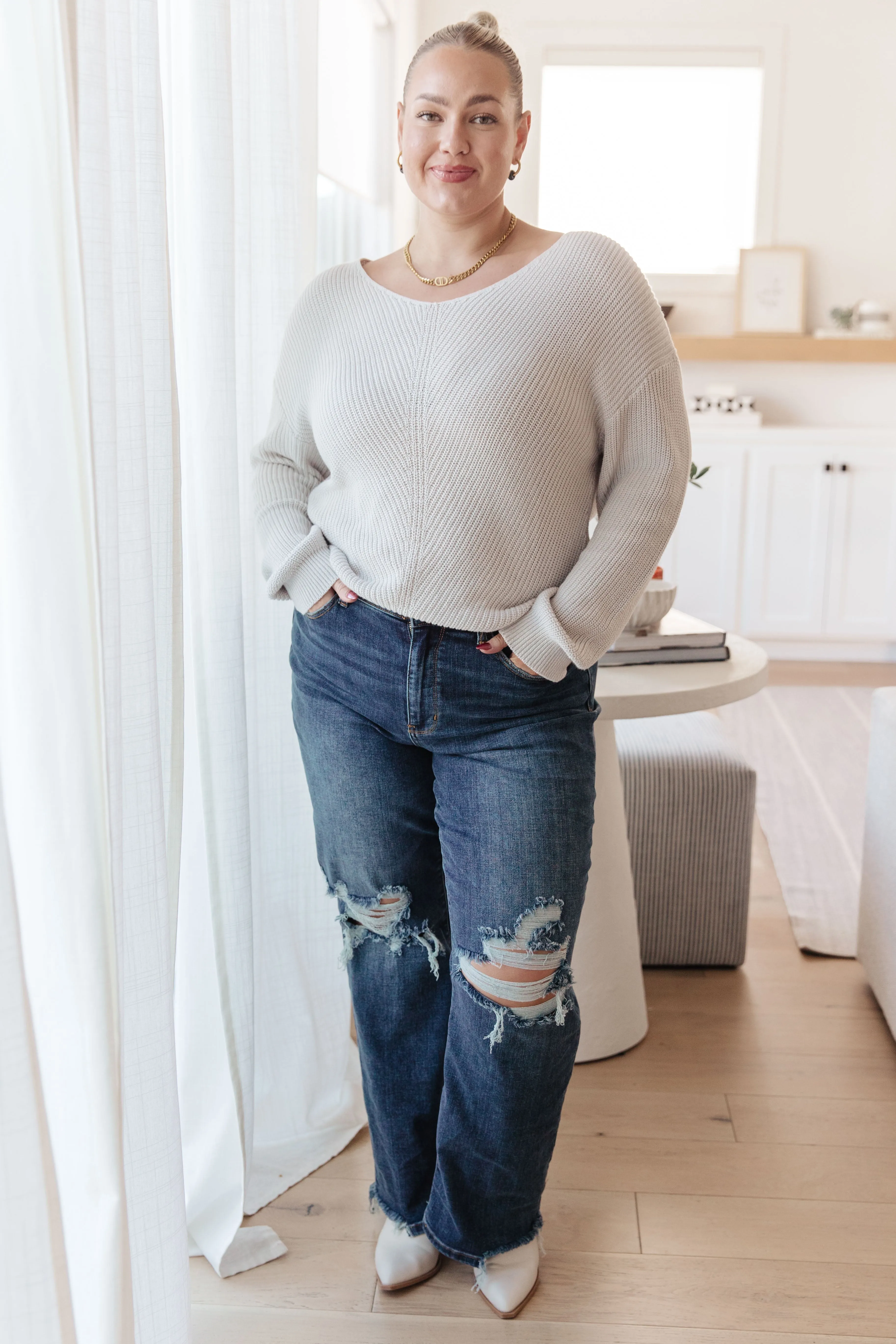 Ribbed Knit V Neck Sweater