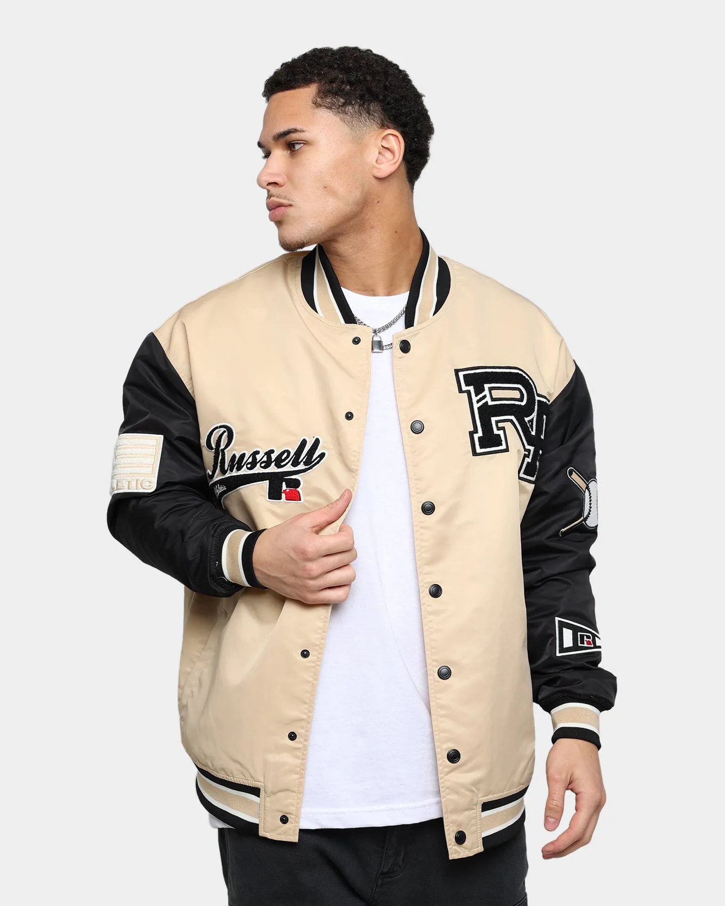 Russell Athletic Satin Varsity Badge Jacket Stone