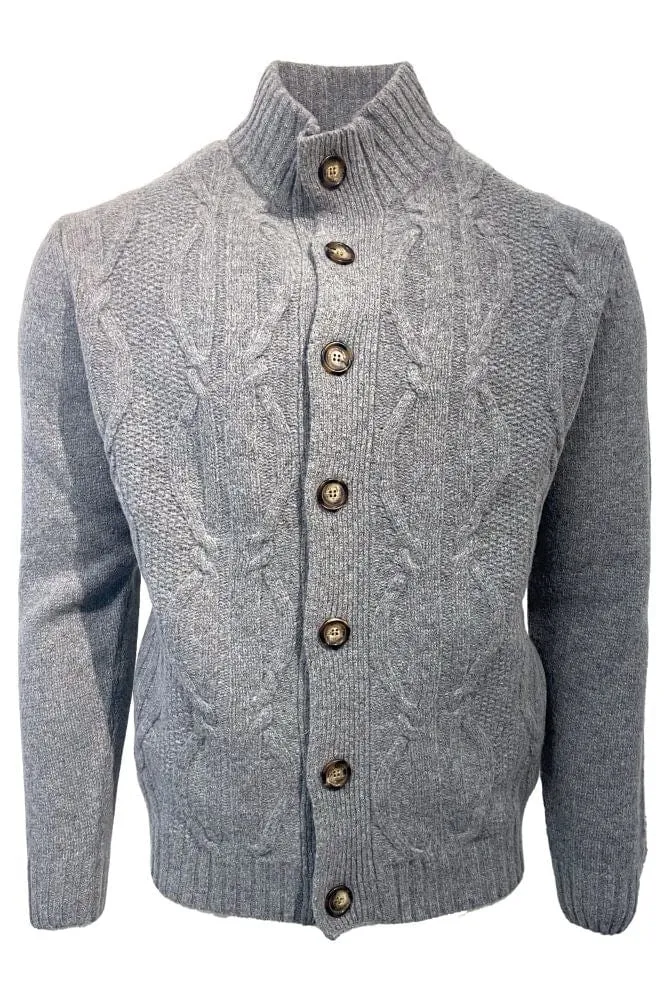 Stay Cozy and Trendy in our Grey Mockneck Cable Knit Cardigan - Wool Blend, 7 Buttons"