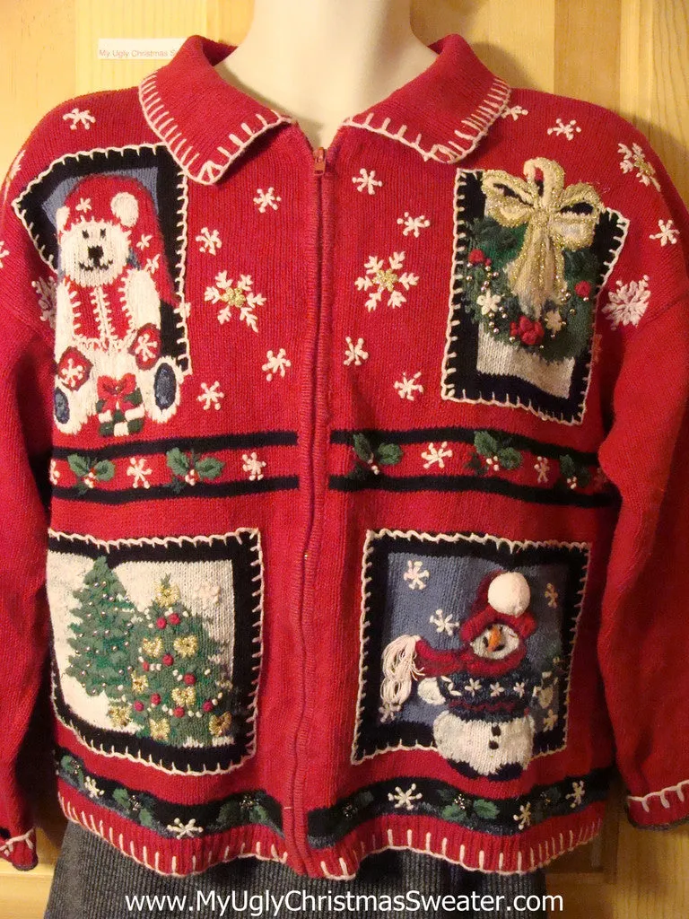 Tacky Cheap Ugly Christmas Sweater with Santa Bear, Wreath, Christmas Trees, and Carrot Nosed Snowman (f600)