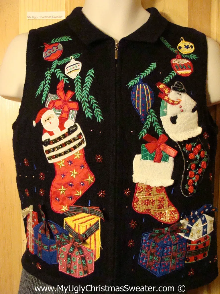 Tacky Christmas Sweater Party Ugly Sweater Vest with Vibrant Festive Santa and Stockings and Gifts (f829)