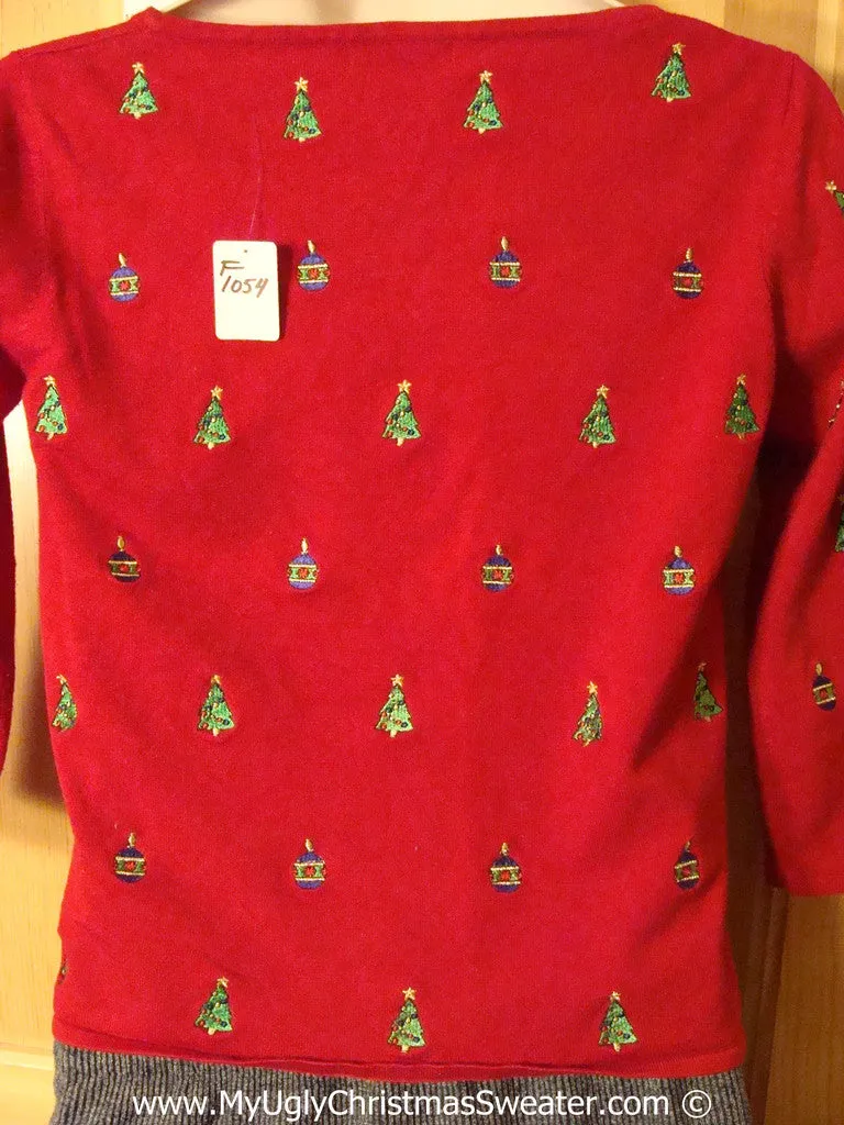 Tacky Holiday Sweater with Satiny Christmas Trees on Front, Back, and Sleeves (f1054)