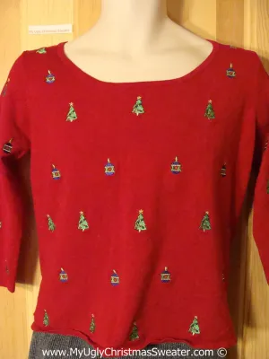 Tacky Holiday Sweater with Satiny Christmas Trees on Front, Back, and Sleeves (f1054)