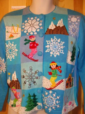 Tacky Ugly Christmas Sweater with Festive Blue Winter Wonderland with Snowflakes and Skiers on Front and Back (f445)