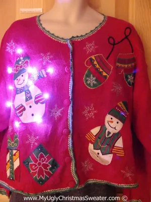 Tacky Xmas Sweater Snowmen with Mittens and Lights (g127)