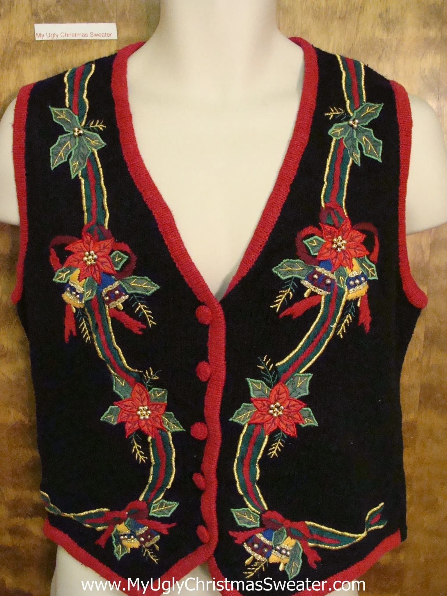 Ugly Black Christmas Sweater Vest with Poinsettias and Ivy