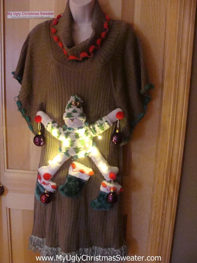 Ugly Christmas Sweater Party Tacky Dress with 3D Snowman and Lights (d37)