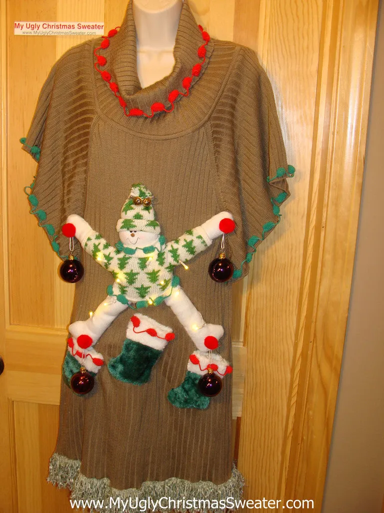 Ugly Christmas Sweater Party Tacky Dress with 3D Snowman and Lights (d37)