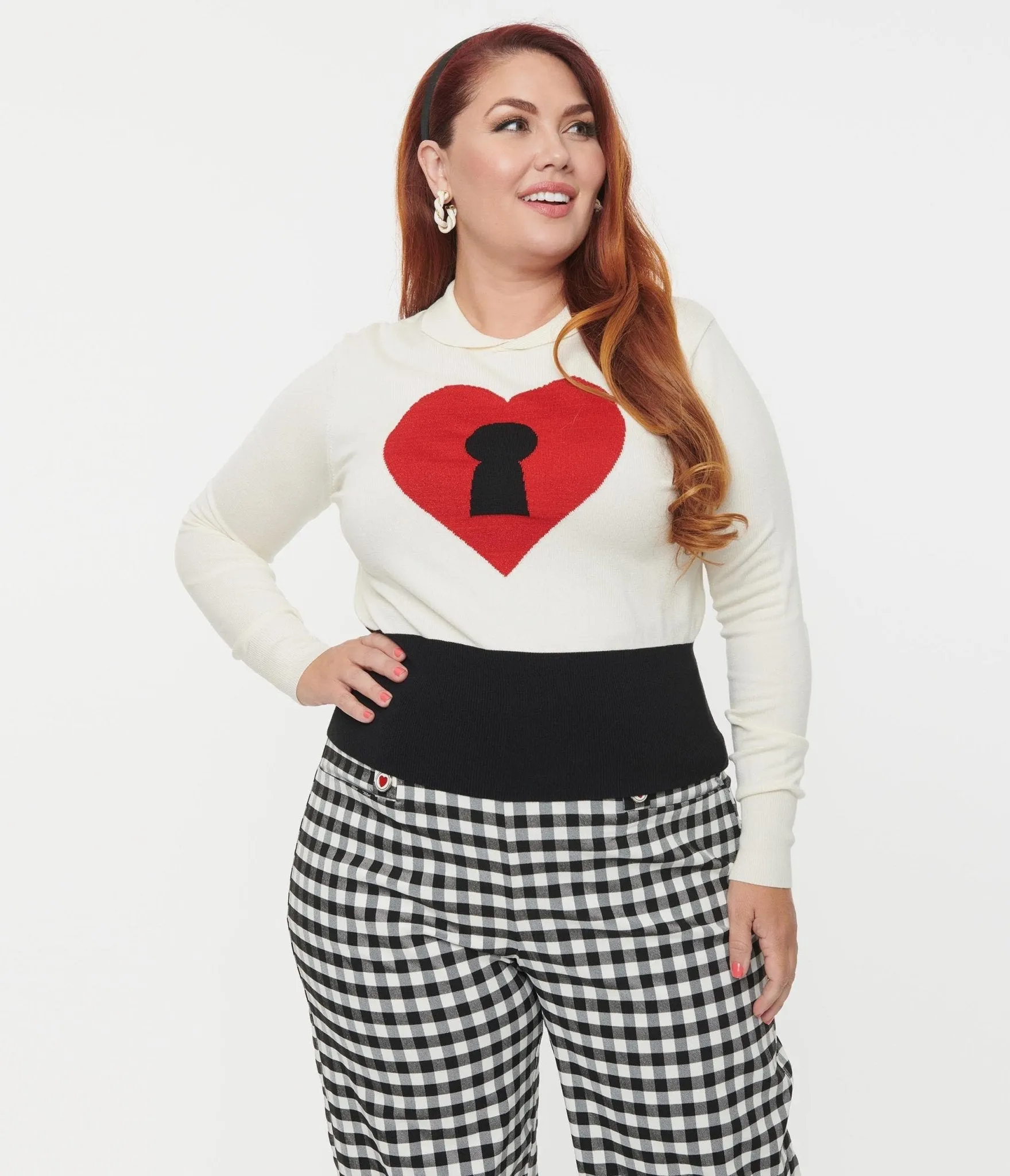 Unique Vintage Plus Size Cream & Red Locked Heart Sweater