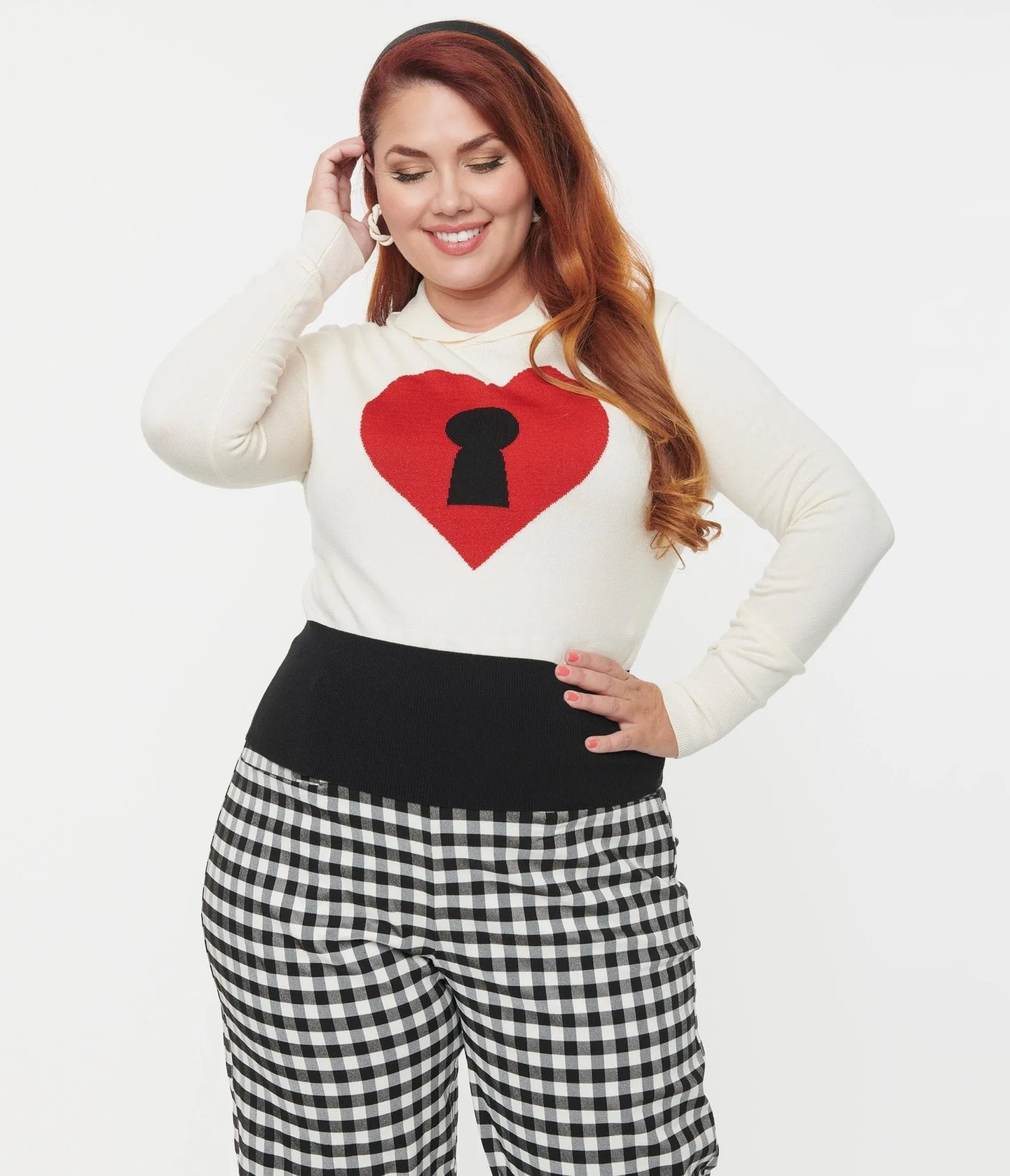 Unique Vintage Plus Size Cream & Red Locked Heart Sweater