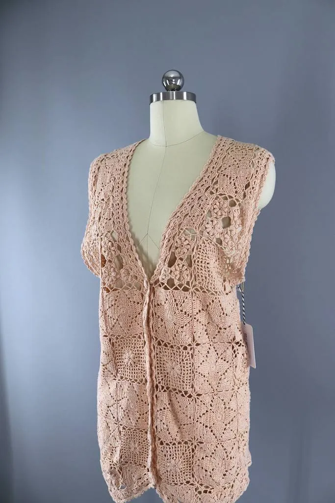 Vintage Blush Crochet Cardigan Sweater Vest