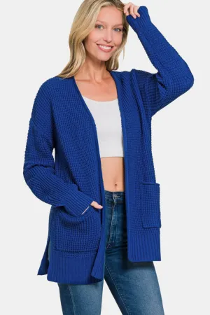 Waffle Open Front Sweater Cardigan - Navy